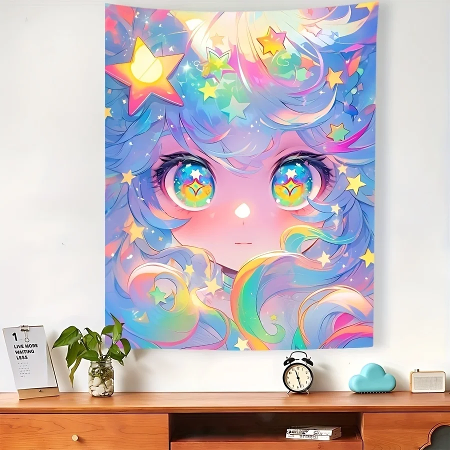 Starry-Eyed Anime Girl Tapestry: Perfect for Bedroom Decor and Wall Art, Vibrant and Magical Design, Ideal for Home and Dorm