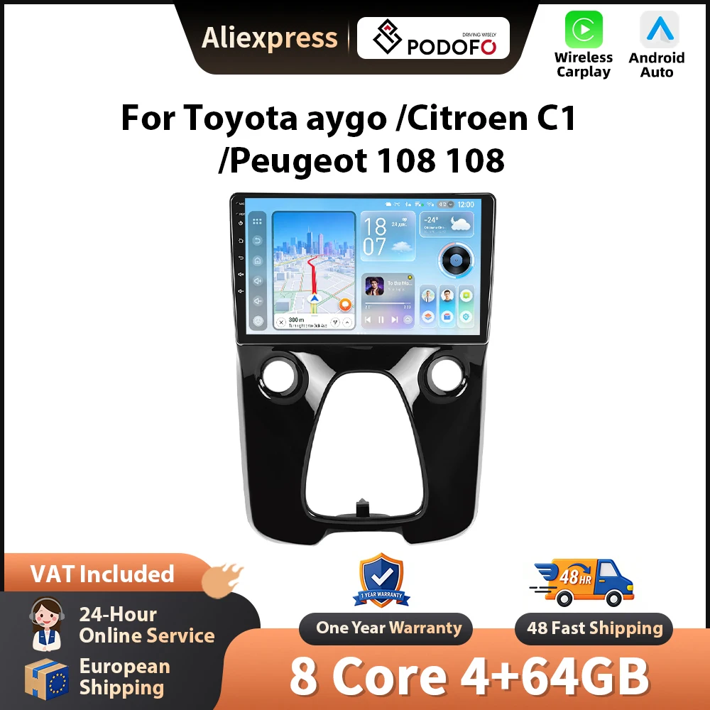 Podofo 10'' Autoradio für Toyota Aygo 2015/Citroen C1 2020/Peugeot 108, kabelloses CarPlay, Android-Autoradio, WIFI, GPS, 2-DIN-Radio