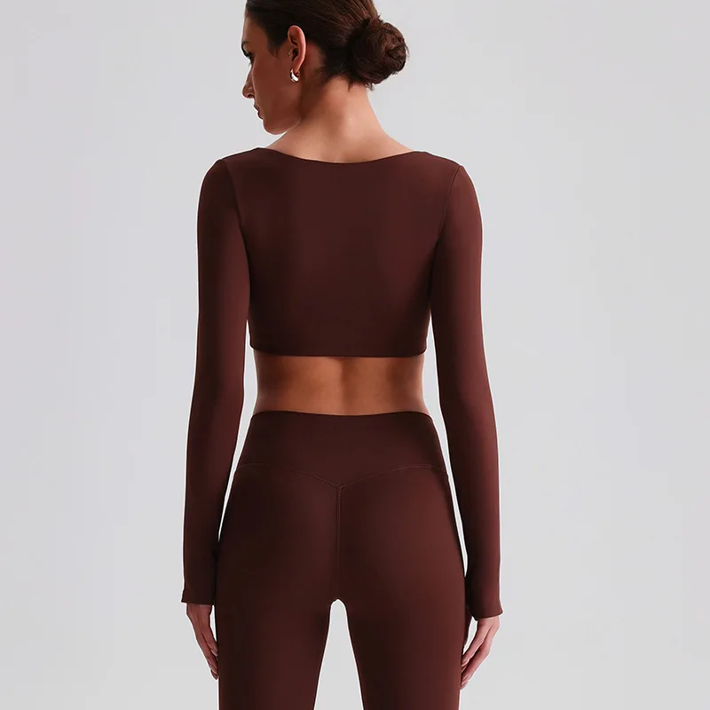 Solid Color square neck Long Fitness Long Sleeve Yoga Shirt T -Shirt Cropped Top Quick Drying Loose Breathable Blouse With chest