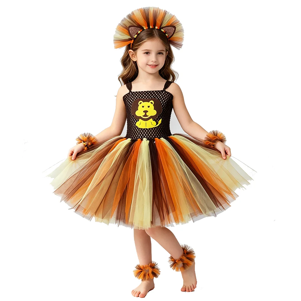 Jungle Lion Costumes for Kids Forest Animal Carnival Party Dresses Girls Birthday Halloween Fancy Outfit with Lion Headband Set