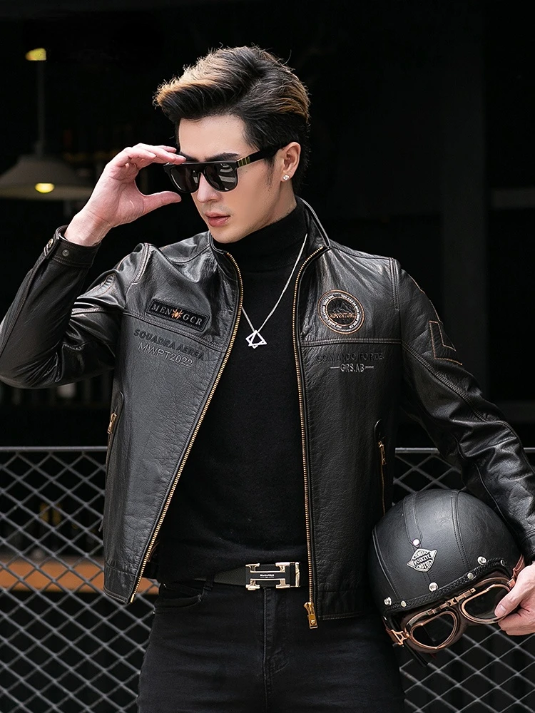 2022 New Men's Genuine Leather Jacket Handsome Young Man Motorcycle Clothing Top Layer Short Cowhide Fashionable Black Coats