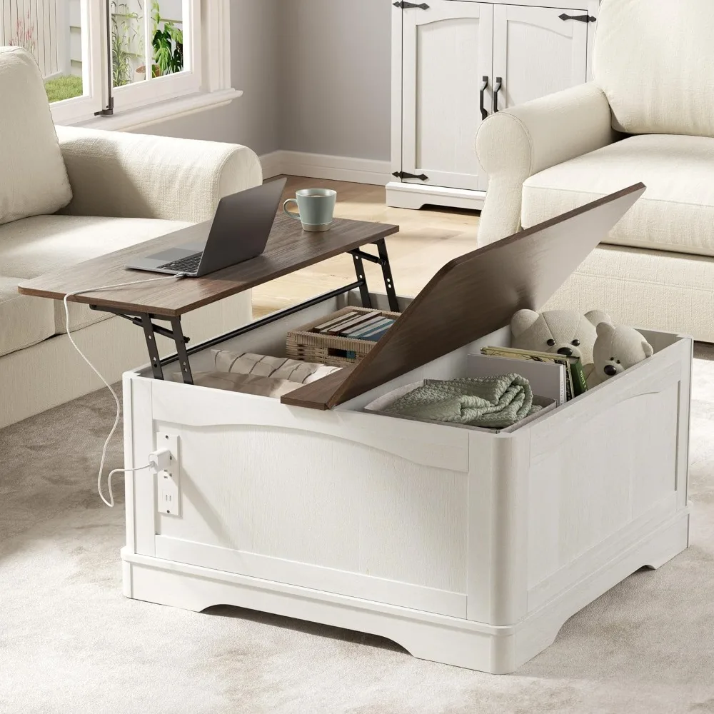 

35 Farmhouse Lift Top Coffee Table, Wood Square Center Table with Charging Station, Rounded Edge Table with Hidden Storage, for