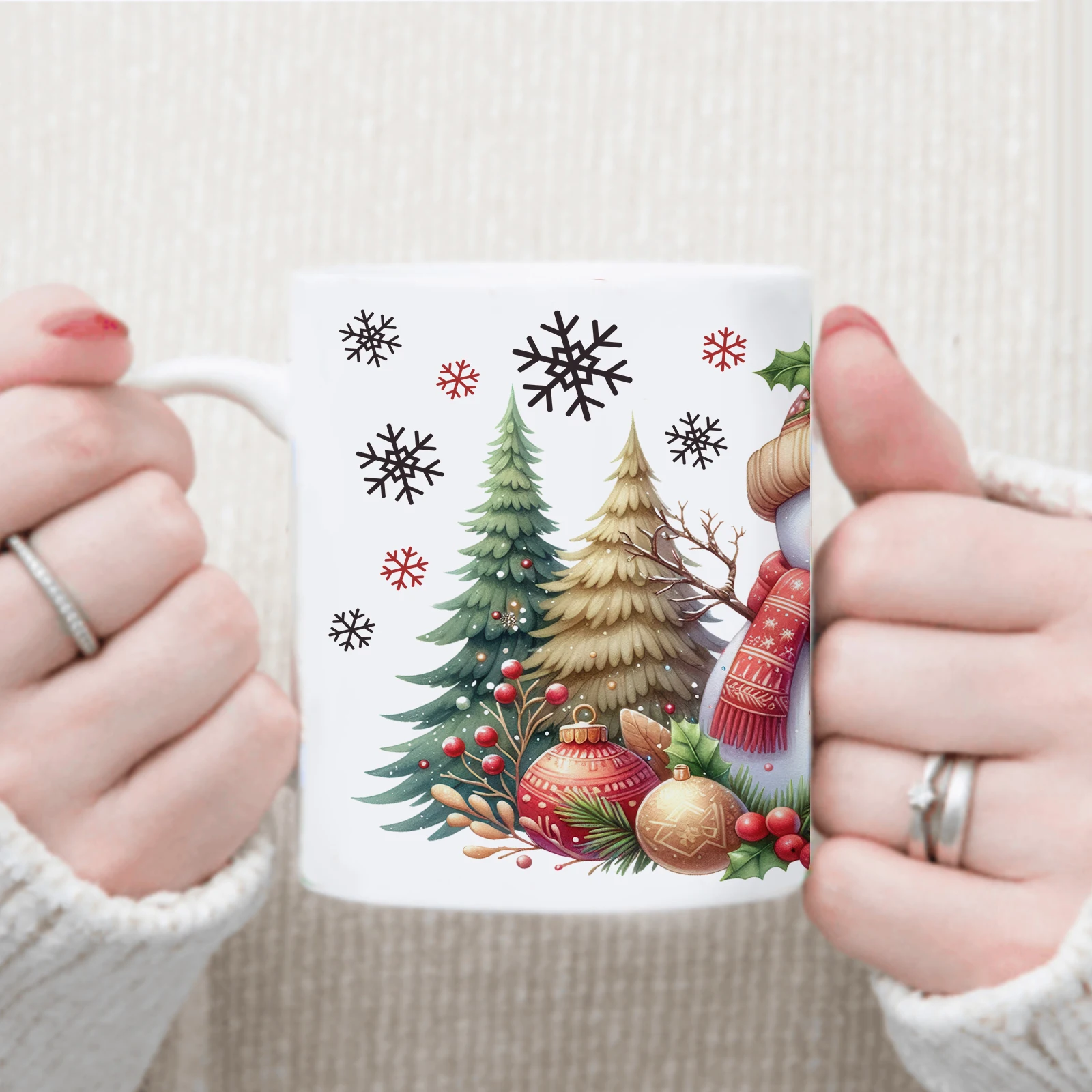 11oz Christmas Tree & Snowman Print Coffee Mugs with Handle Dishwasher Microwave Safe Birthday Holiday Gift Mug Anniversary Gift