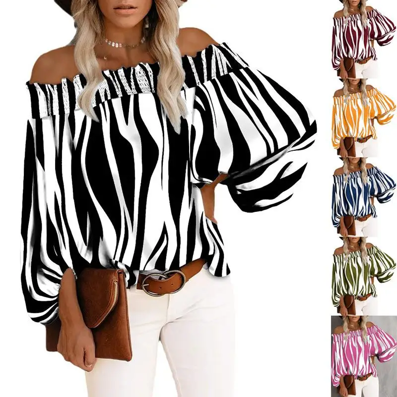 

Elegant Striped One Shoulder Shirt Women's Long Sleeve Elegant Style Printed Fabric Lace Collar Button Closure Fashionable