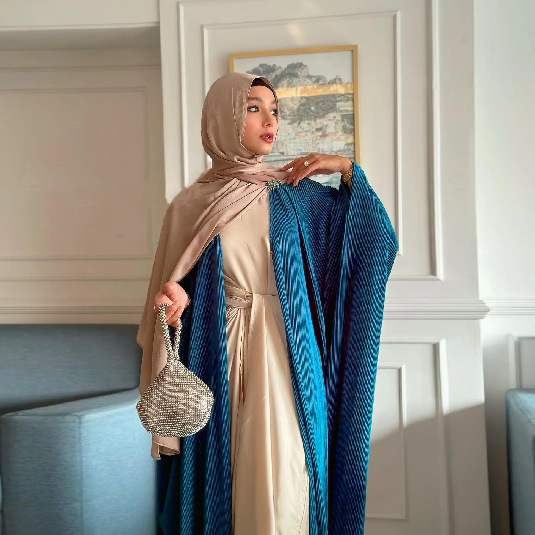 Pleated Muslim Ramadan Eid Open Kimono Abaya Batwing Sleeve Casual Loose Moroccan Gulf Women Robe Corban Eid Cardigan Kaftans