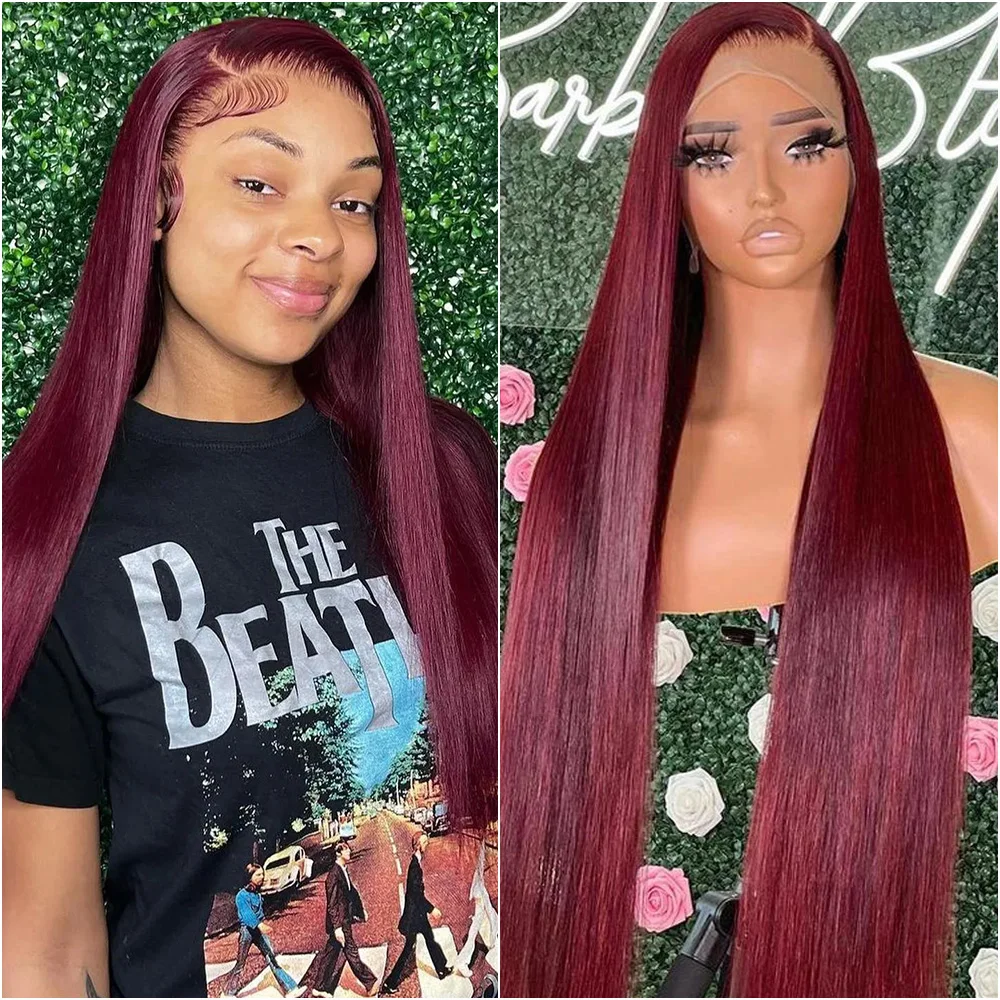 13x6 العظام مستقيم 99j بورجوندي الدانتيل الباروكة الأمامية شعر الإنسان البرازيلي 13x4 HD الدانتيل الجبهة الأحمر اللون الباروكات قبل قطعها للنساء