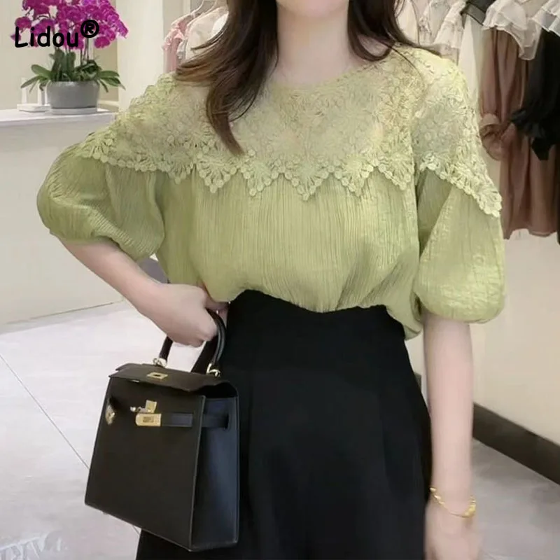 

Elegant Fashion Lace Spliced Short Sleeve Blouse Female Summer Korean All-match Solid Color Round Neck Shirt Women's Clothing