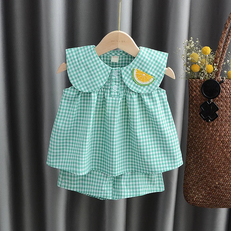 Summer Girls Cute Sets Fruit Cotton Plaid Sweet Princess 2pcs Set Children\'s Clothing Kids Baby Girl Cloths