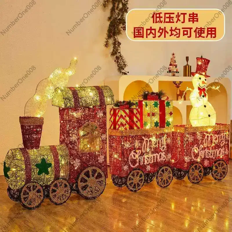 Christmas decorations wrought iron train luminous snowman pulling gifts cartoon train ornaments shop window arrangement