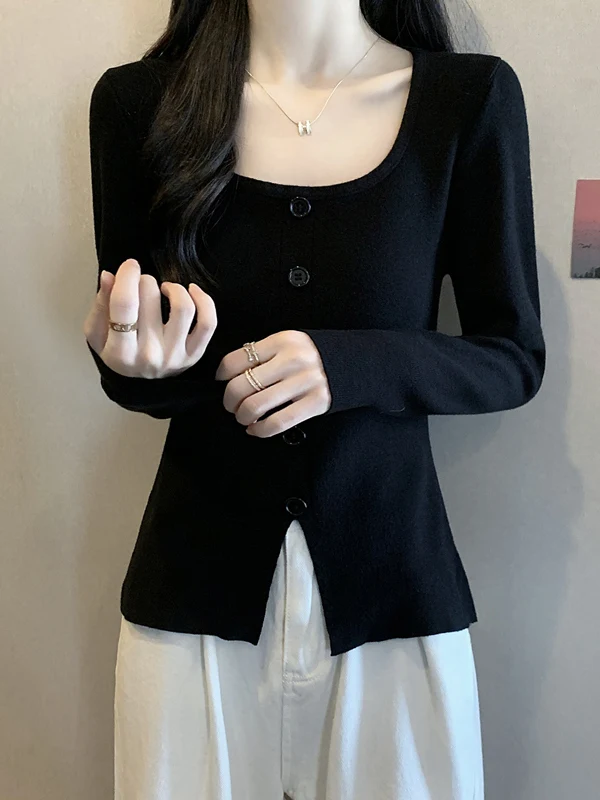 

Женский трикотажный топ больших размеров с квадратным вырезом, длинными рукавами и эффектом похудения, новинка ранней весны