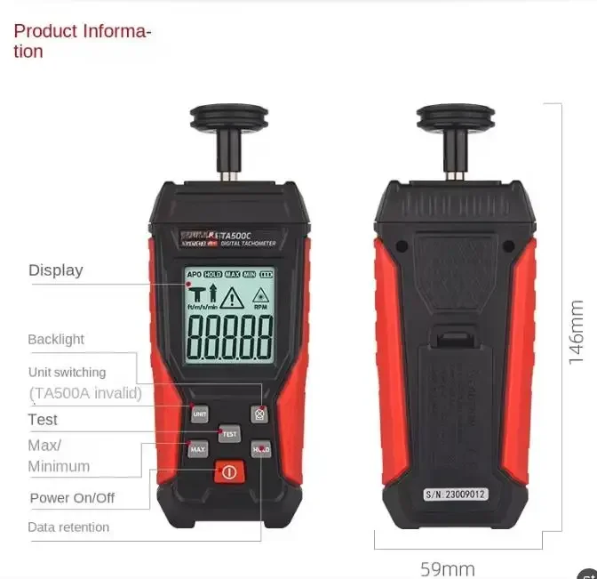 TA500C Digital Laser Tachometer, Contact & Non-Contact Tach / Linear Speed Tester
