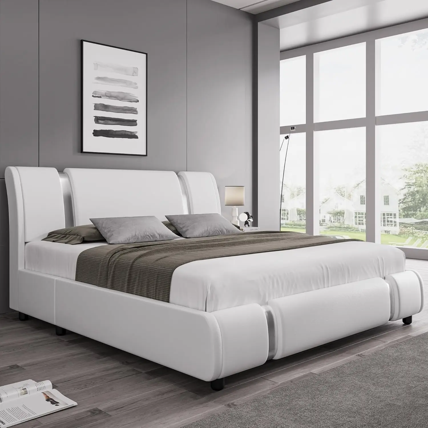 

Modern Faux Leather Upholstered Platform Bed Frame with Mirror Metal Decoration Headboard, Curved Headboard, Wooden Slat