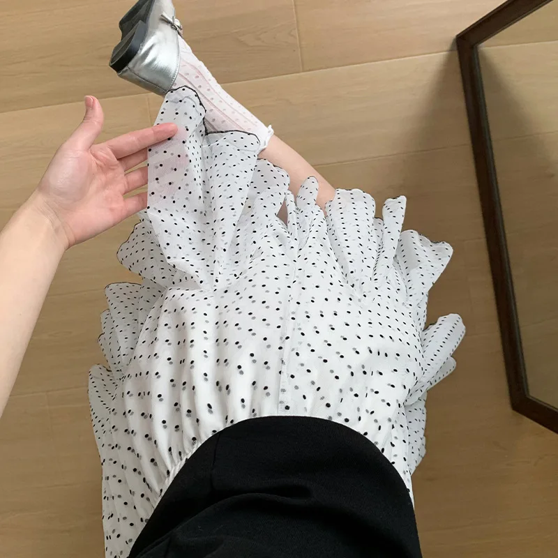 Polka Dot Mesh Cake Skirt Women Summer High Elastic Waist A-line Short Skirts for Woman Sweet Ballet Style Ruffles Puffy Skirt