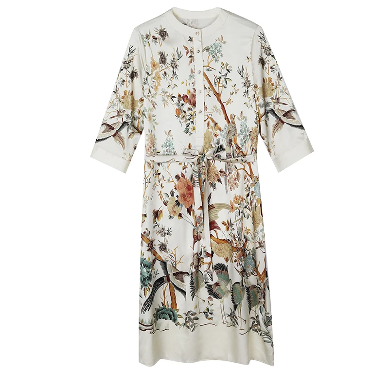 Silk Dr femmes été 2024 Ele petit col montant jeune Sle soie Midi Dr imprimé fleuri fibre de Polyester