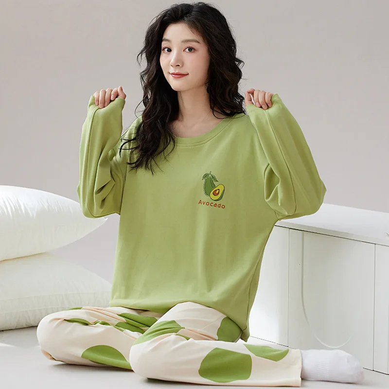 Sleepwear Women Long Sleeve Pajamas Cotton Pajama Sets Kawaii Clothing Loungewear Sets Print Pant Korean Fashion Loose Nightwear