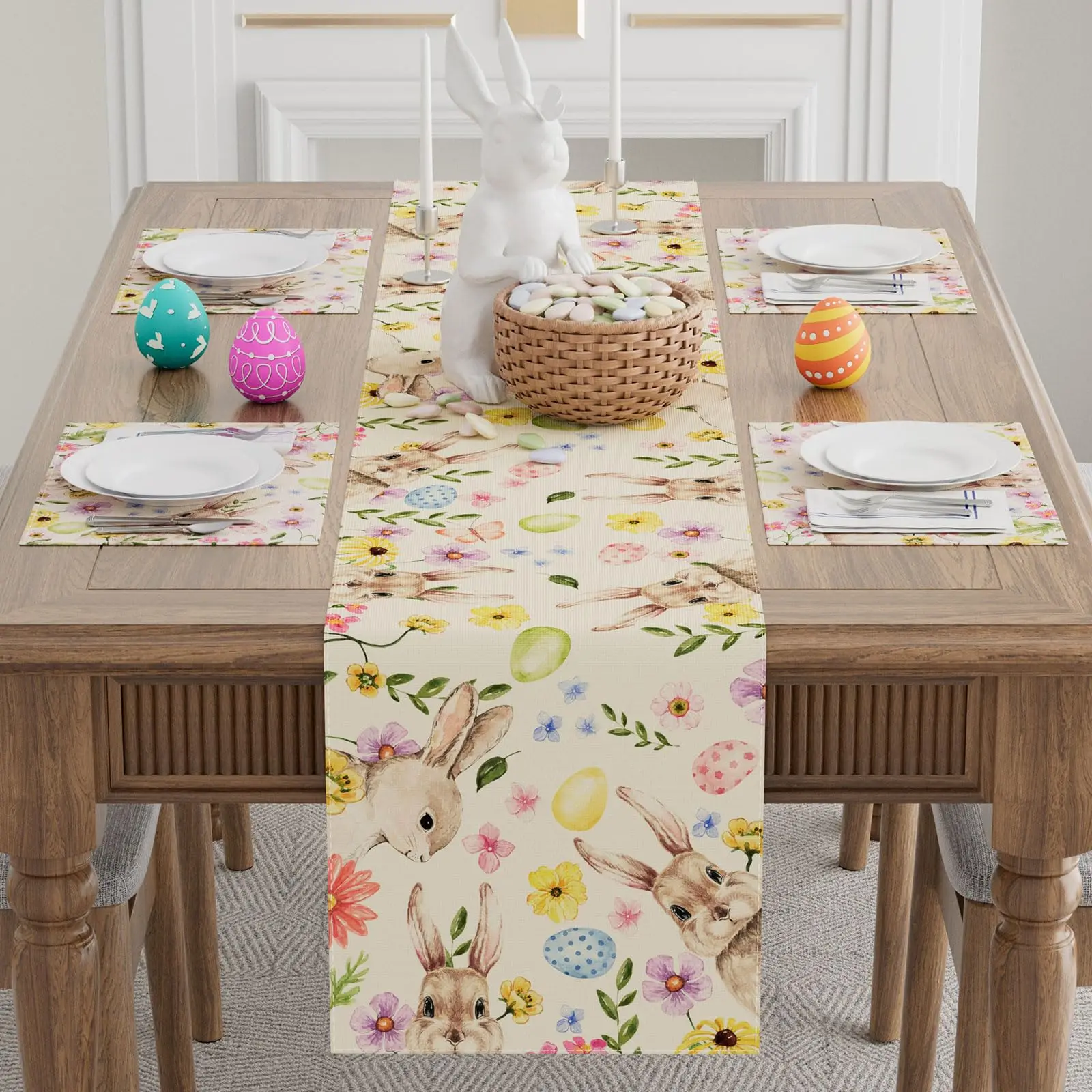Watercolor Cute Bunny Eggs Rabbits Flowers Easter Table Runner Table Decoration for Party Home Kitchen Dining Holiday Decor