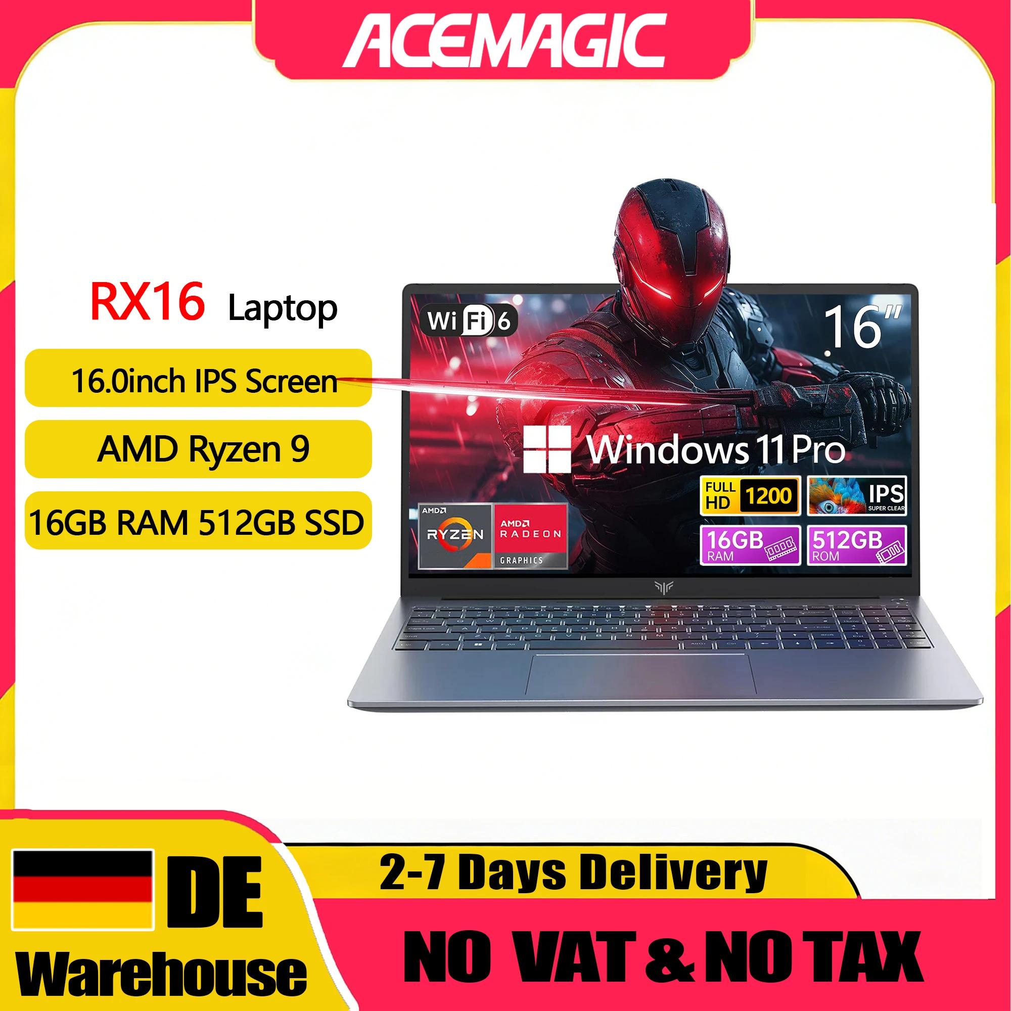 ACEMAGIC Laptop de 16 pulgadas FHD para juegos, AMD Ryzen 9 6900HX, 16 GB de RAM, 512 GB SSD, Windows 11 Pro, teclado retroiluminado, Wifi6, BT5.2