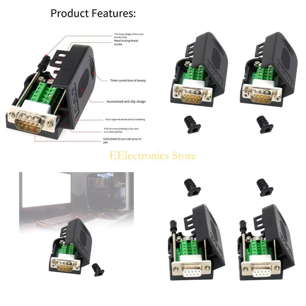 B03C 2pcs DB9pin Solderless Terminal Adapters Industrial Connectors RS232 RS485 Connectors for Barcode Readers and PDAs