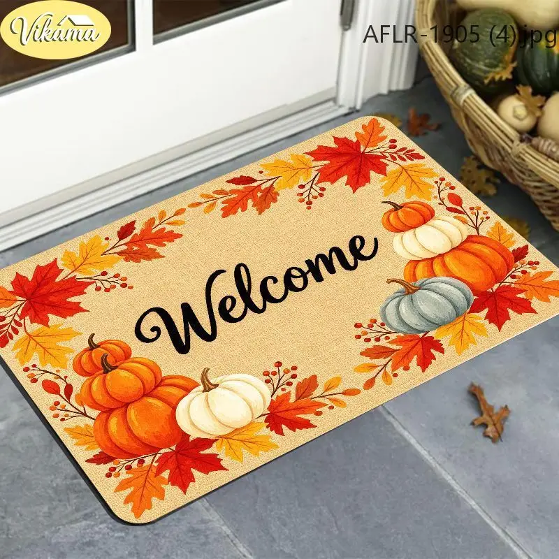 VIKAMA Pumpkin Train Doormat Squirrels Orange Plaid Autumn Fall Welcome Mat Entryway Rug Front Porch Home Decoration