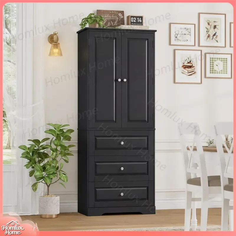 Tall Kitchen Cabinet with 2 Doors 3 Drawers Adjustable Shelves Pantry Storage Cupboard Sideboard for Home Office Living Room
