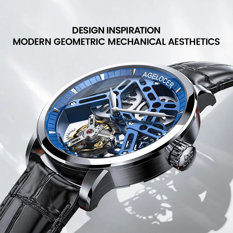 AGELOCER Original Tourbillon Watch Fashion Men's Business Formal Luxury Skeleton Manual Mechanical Watch Birthday Gift for Men