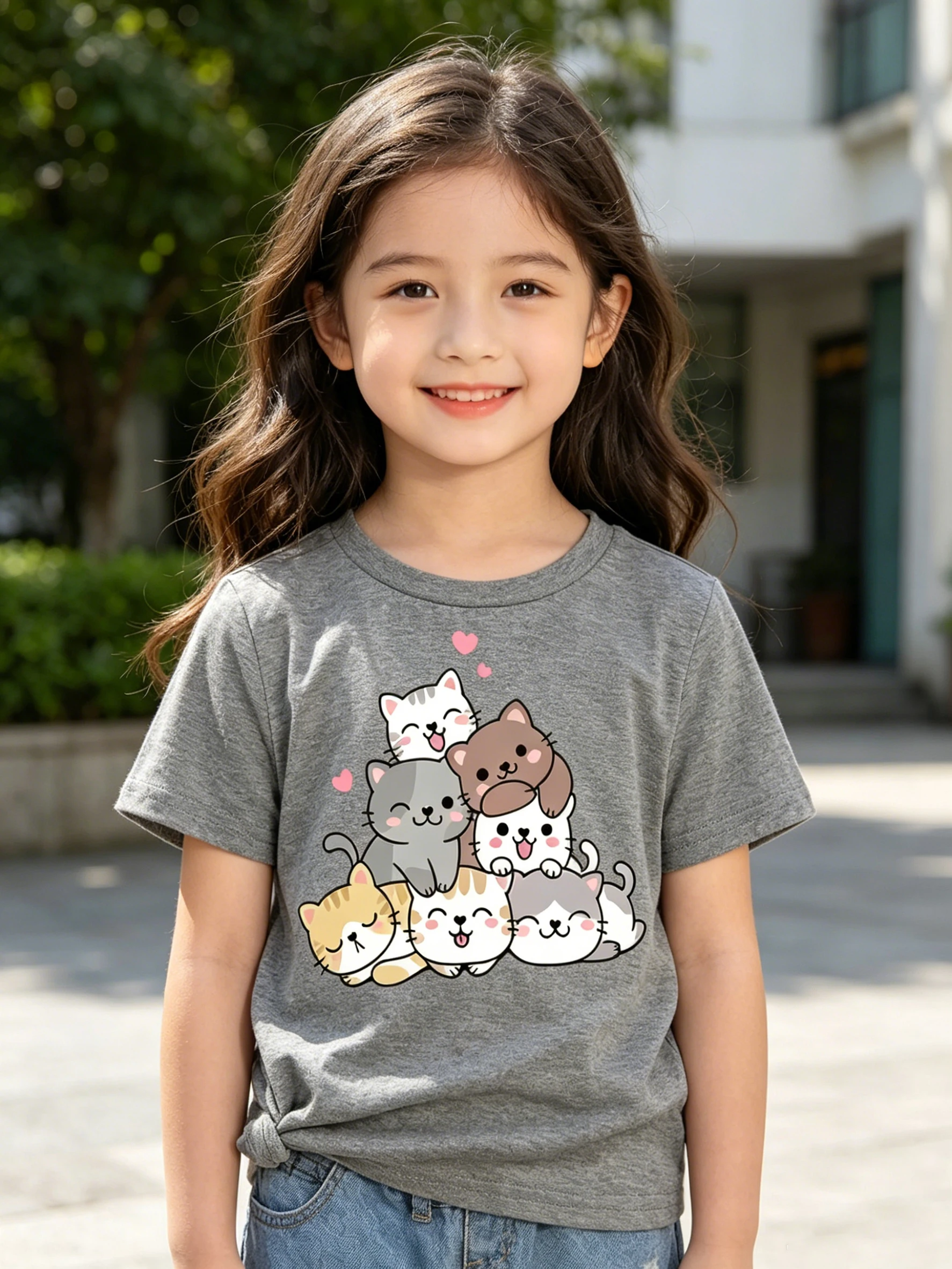 Children's Casual Comfortable T-Shirt Small Dog Print round Neck Short Sleeve Solid Color Top 2026