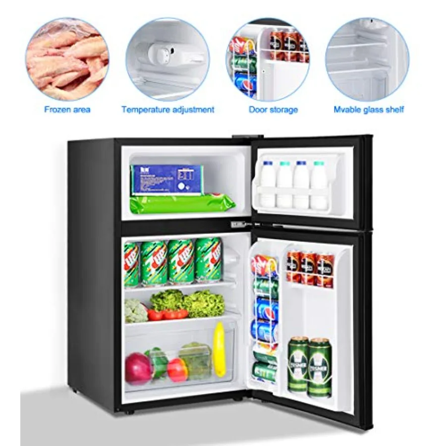 ثلاجة صغيرة مدمجة 3.2 Cu.FT مع فريزر لمكتب النوم والمطبخ تتميز بأبواب مزدوجة وجهاز تحكم في درجة الحرارة قابل للتعديل