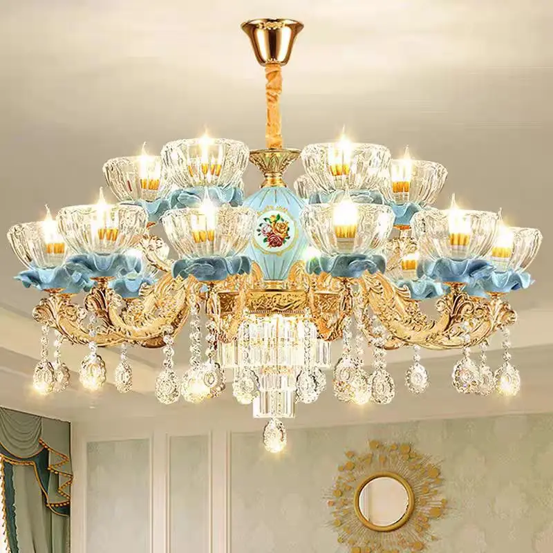 

French Crystal Chandelier Villa Living Room Light European Luxury Glass Shade Lamp Blue Ceramic Bedroom Dining Room Study Light