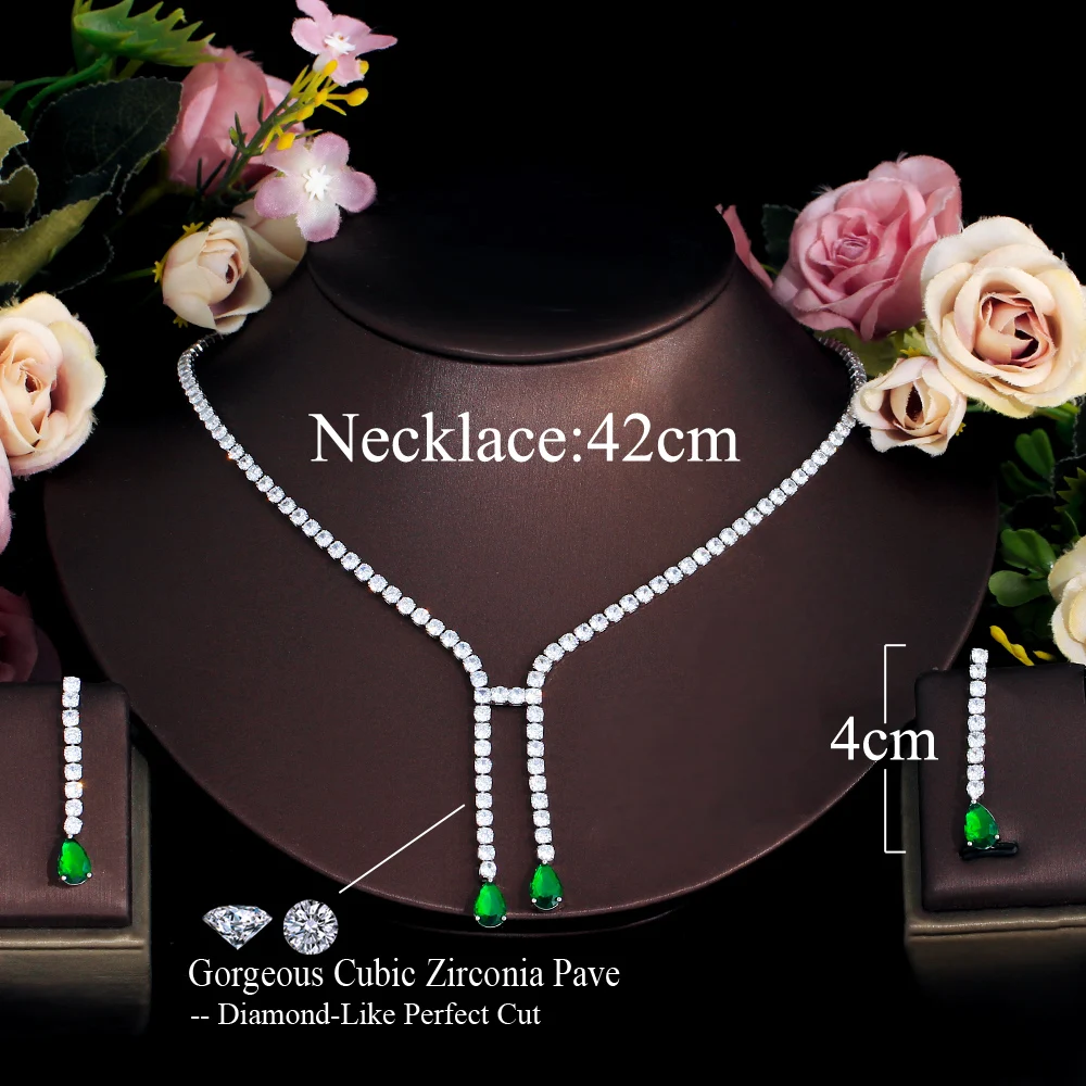 CWWZircons Simple Fashion Dangling Drop Green Cubic Zirconia Women Party Wedding Necklace Jewelry Sets for Brides Accessory T730