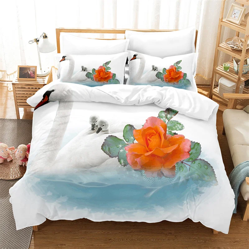 

White Swan Bedding Sets Cartoon Animal Kid‘s Duvet Cover Boys Girls Cute King Quilt Cover Bedroom Bed Set Queen Bedding Set