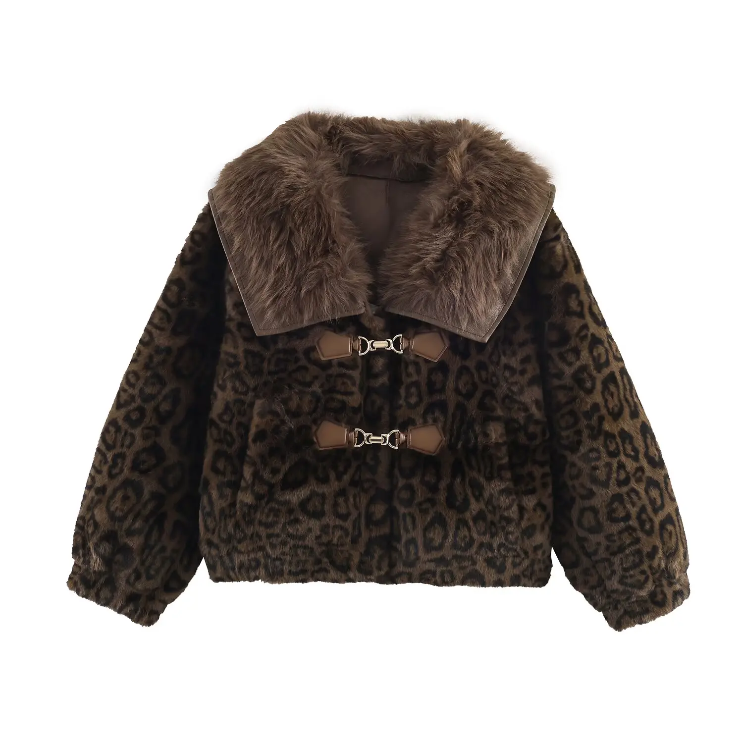 JNLEAOG Cappotto da donna Faion Autunno Nuovo colletto grande Colore Blo Stampa leopardata Pelliccia Pelle Intercato Cappotto lungo Sve Stand Fit