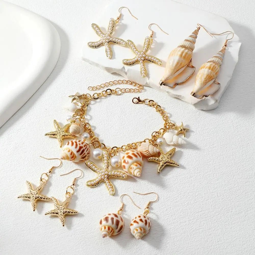 Fashion Bohemian Bracelet Shell Pearl Necklace Starfish Earrings