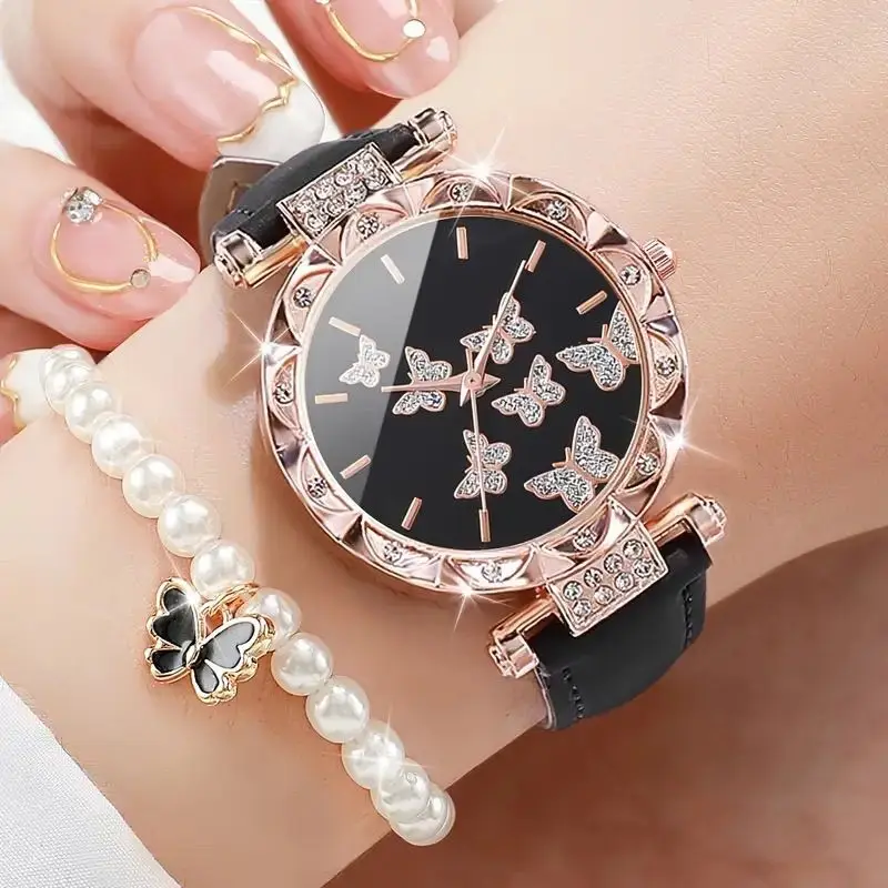 Ensemble de bijoux cinq pièces pour femmes, montres à quartz pour poignet, accessoires simples, collier papillon, montres-bracelets, horloge, mode