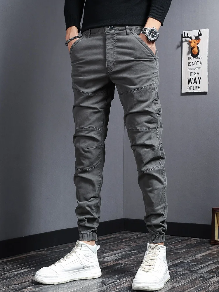 Men's Cotton Gray Cargo Pants Autumn Tactical Casual Stretch Slim Fit Trousers