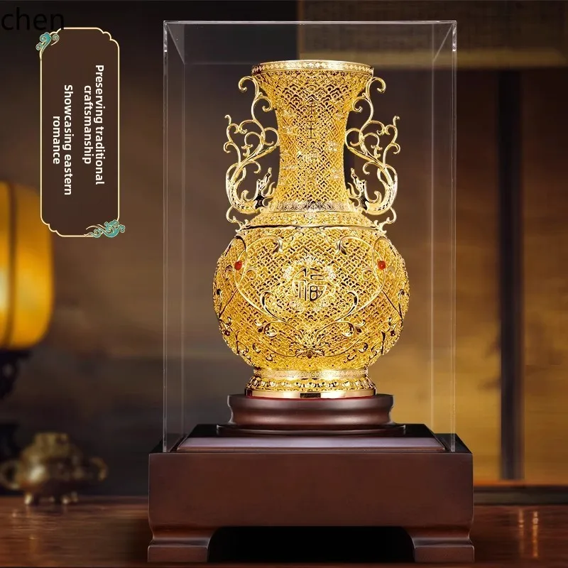

ZML Filigree Vase Living Room Entryway Study Office Decoration All-Copper Ornament New Chinese Style Desktop Housewarming Gift