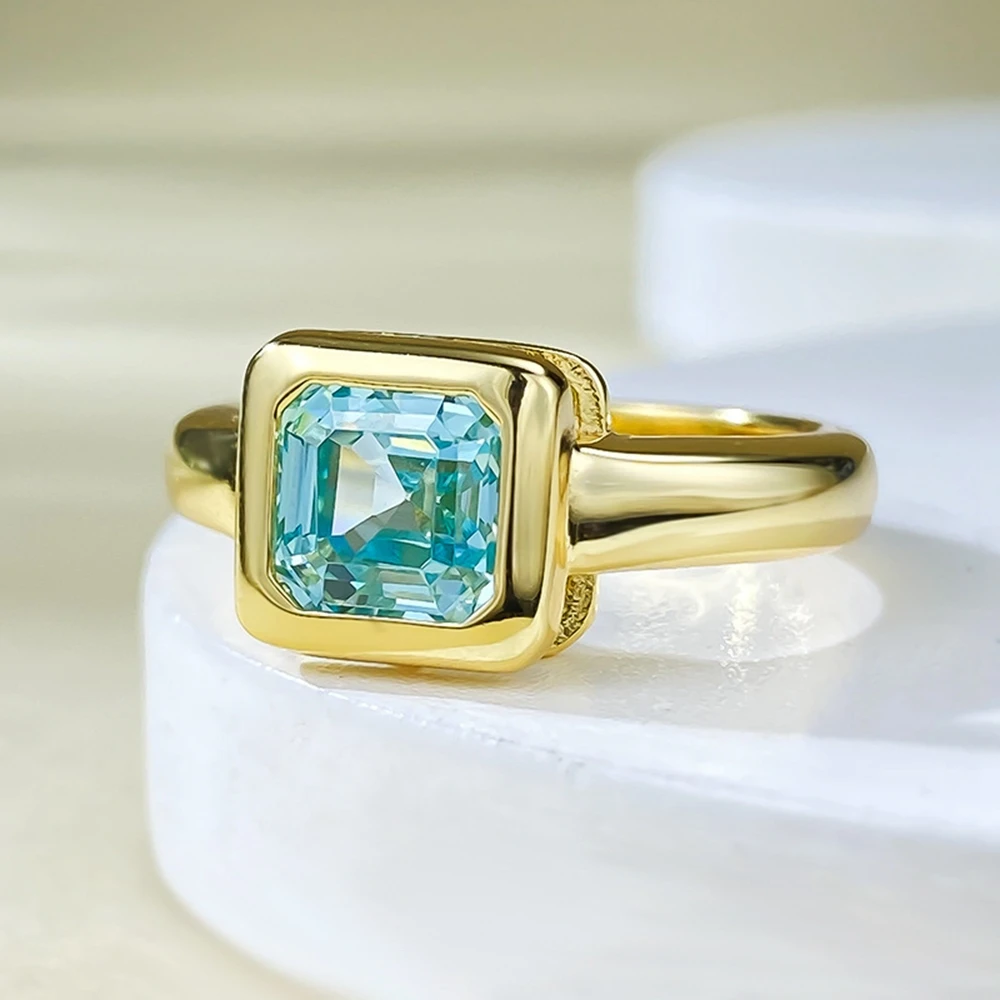 Wong Rain Vintage 18K Gold Plated 925 Sterling Silver Asscher Cut 7*7 MM Aquamarine Gemstone Women Ring Fine Engagement Jewelry