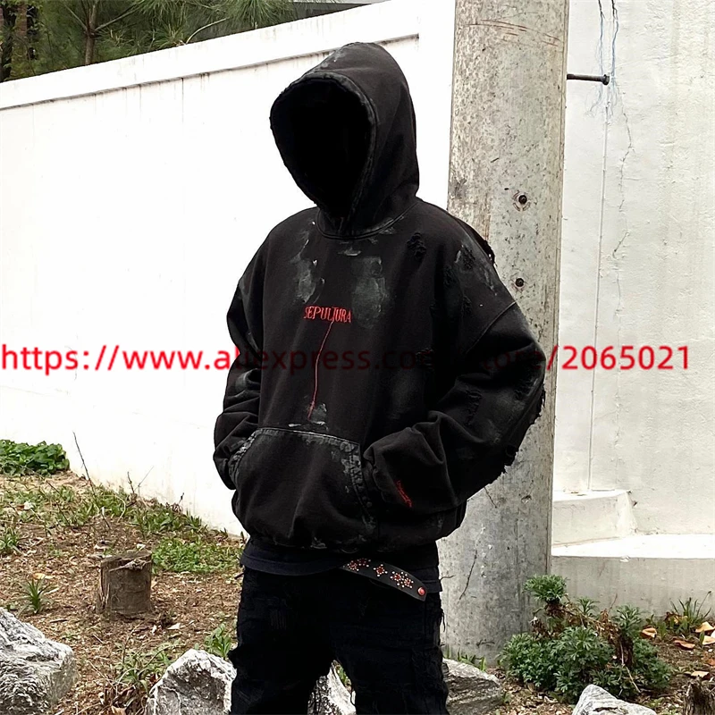 Washed Cardigan Damaged Hoodie Men Women 1:1 Best Quality Embroidery Hooded Hooded Pullovers