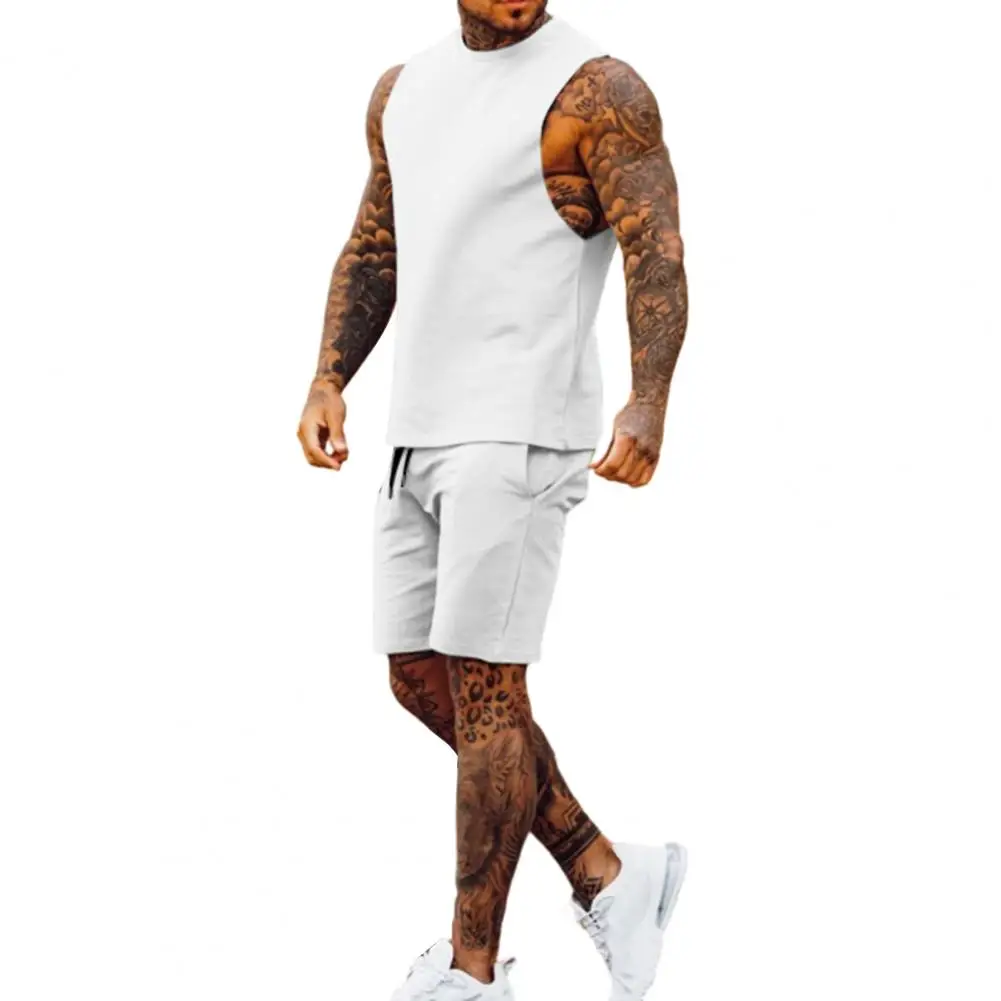 بدلة رياضية للرجال طقم بدلة رياضية للرجال، شورت برباط بخصر مطاطي، لون سادة، ملابس رياضية لسترة الصيف