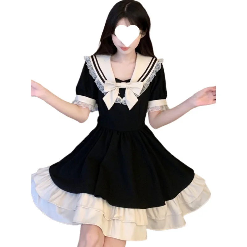 

2026 New Vintage Japanese Sweet College Sweet Bow Dresses Streetwear Women Summer High Waist Age-reducing Lolita Princess Dress
