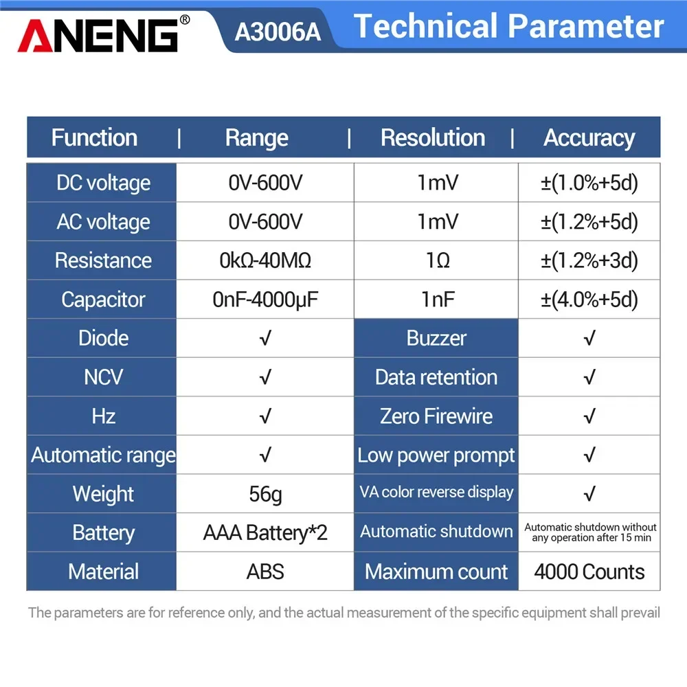 ANENG Digital Multimeter Test Pen 4000Counts AC/DC Voltage A3006A Non-contact Inductive Electricity Hz Diode Resistance Tester