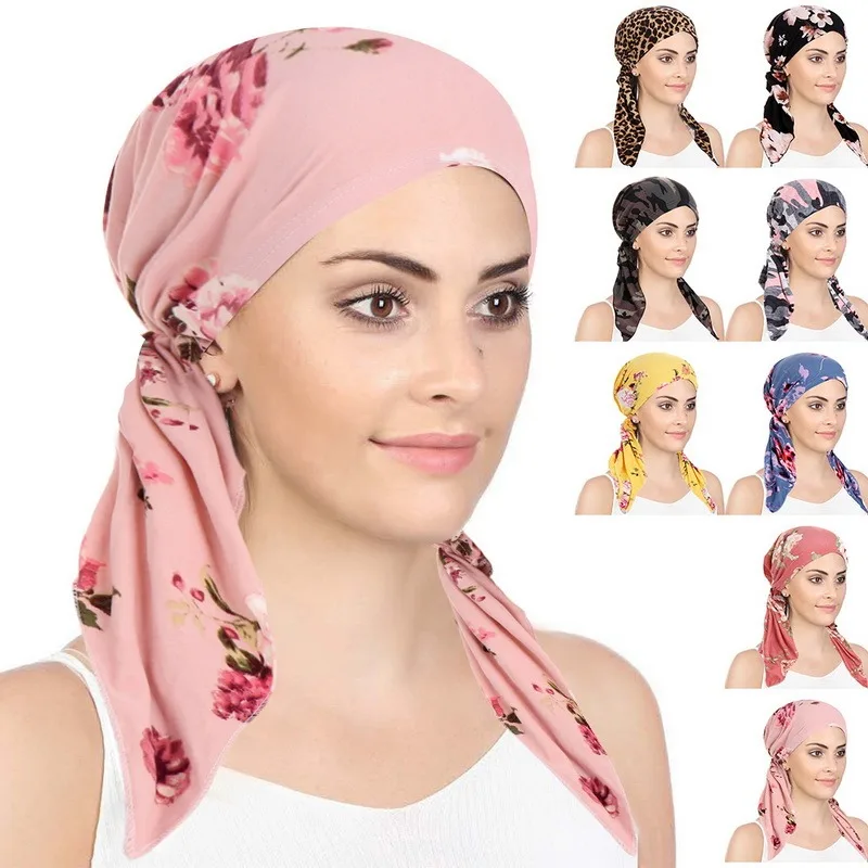 2022 New Muslim Women Soft Turban Hat Pre-Tied Head Scarf Printed Ladiess Cotton Chemo Cap Inner Hijabs Hair Accessories