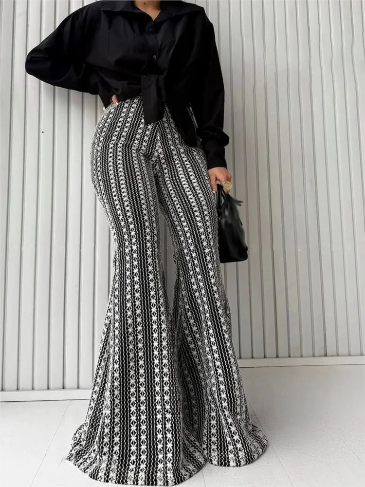 

Модные полосатые длинные брюки для женщин, повседневные расклешенные брюки с высокой талией, женская праздничная уличная одежда, женская одежда, новинка весны и осени