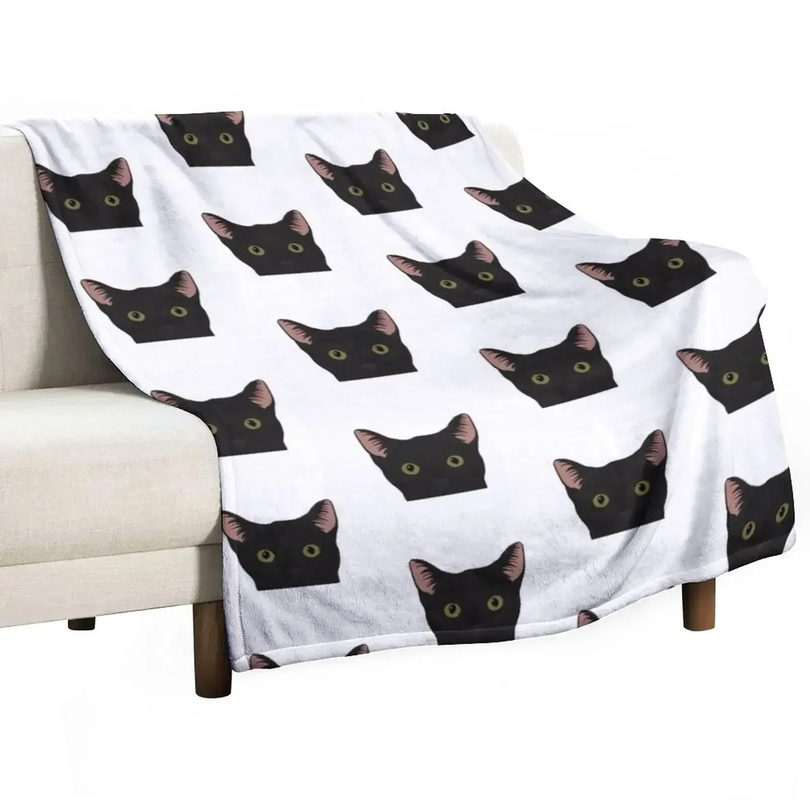 

Curious Black Cat - Green Eyes Black Nose Throw Blanket Sofa Quilt Decorative Throw Decorative Sofas Flannels Blankets