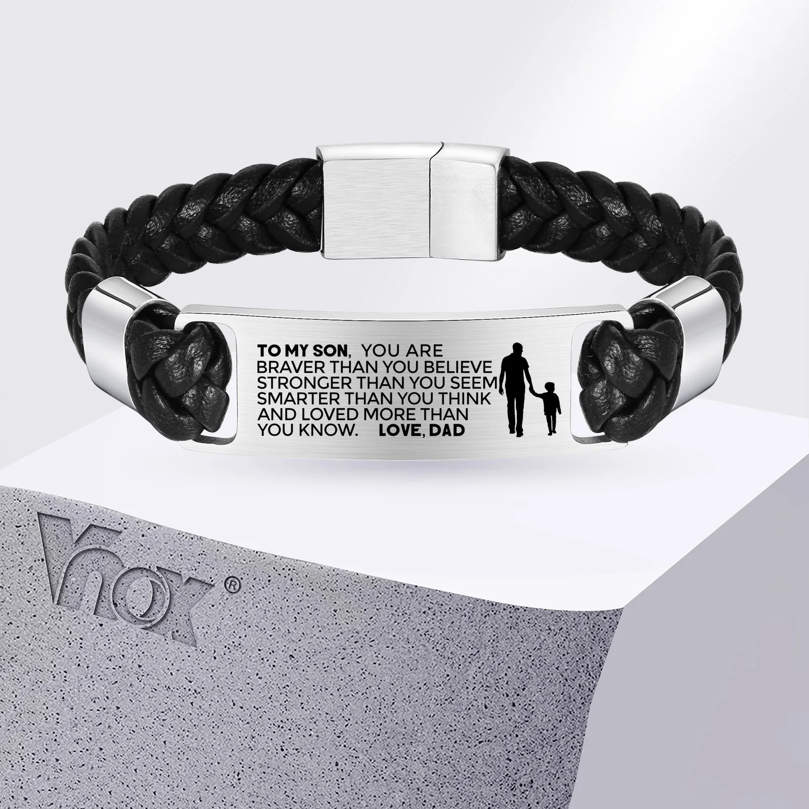 Vnox Free Custom Inspirational Quotes Bracelets for Men, Black Woven PU Leather with Stainless Steel Bangle,Engrave Gift for Dad