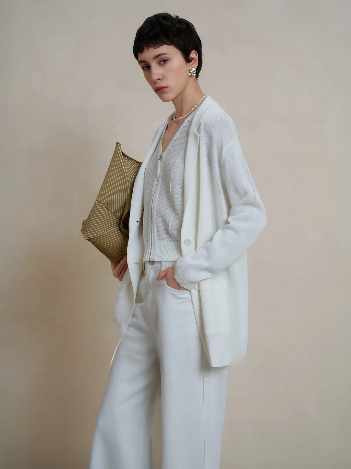 

WITTY White Cotton V-Neck Knitted Suit Vest Dress Set Breathable Soft Fit Women's Spring Summer Fashion Casual Wear