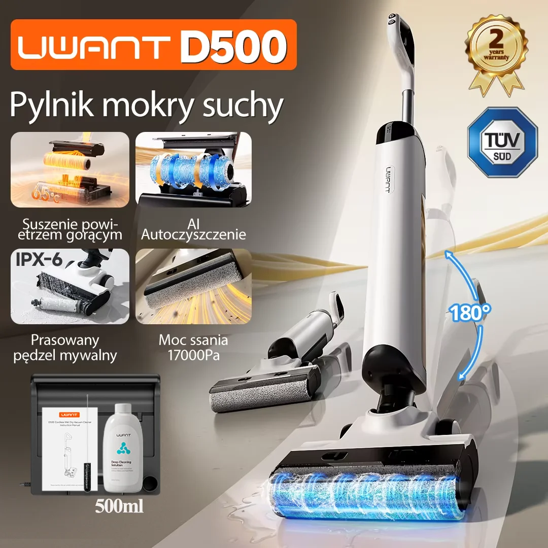 Odkurzacz do pracy na sucho i mokro UWANT D500, siła ssania 17000Pa, 180 ° Mop bezprzewodowy z funkcją samooczyszczania AI, rozkładany na płasko, 65 ° C Suszenie Trójstronne Krawędzie