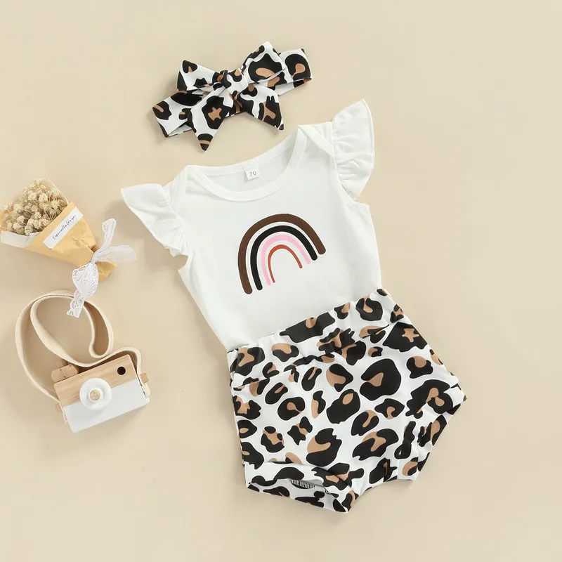 Newborn Baby Girl Short Sets Summer Clothes 2023 Suits Rainbow Flying Sleeve Jumpsuit High Waist Shorts Bow Baby Items Things