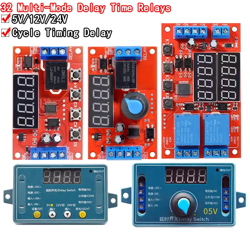 Ajustável Tempo Delay Relé Módulo, LED Digital Timing Trigger, interruptor de controle do temporizador, ciclo de pulso, DC 5V, 12V, 24V, 10A, 32 modos