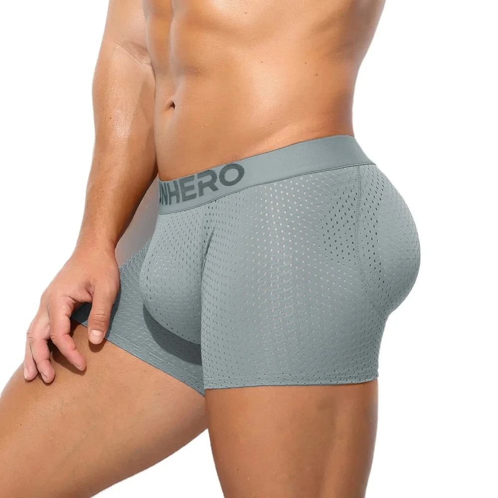 

Men's Mesh Boxer Briefs Ice Silk Breathable Hip Pad Hollow Out Homewear Mid Length Underpants Hip Lift Bulge Pouch Sports Trunks