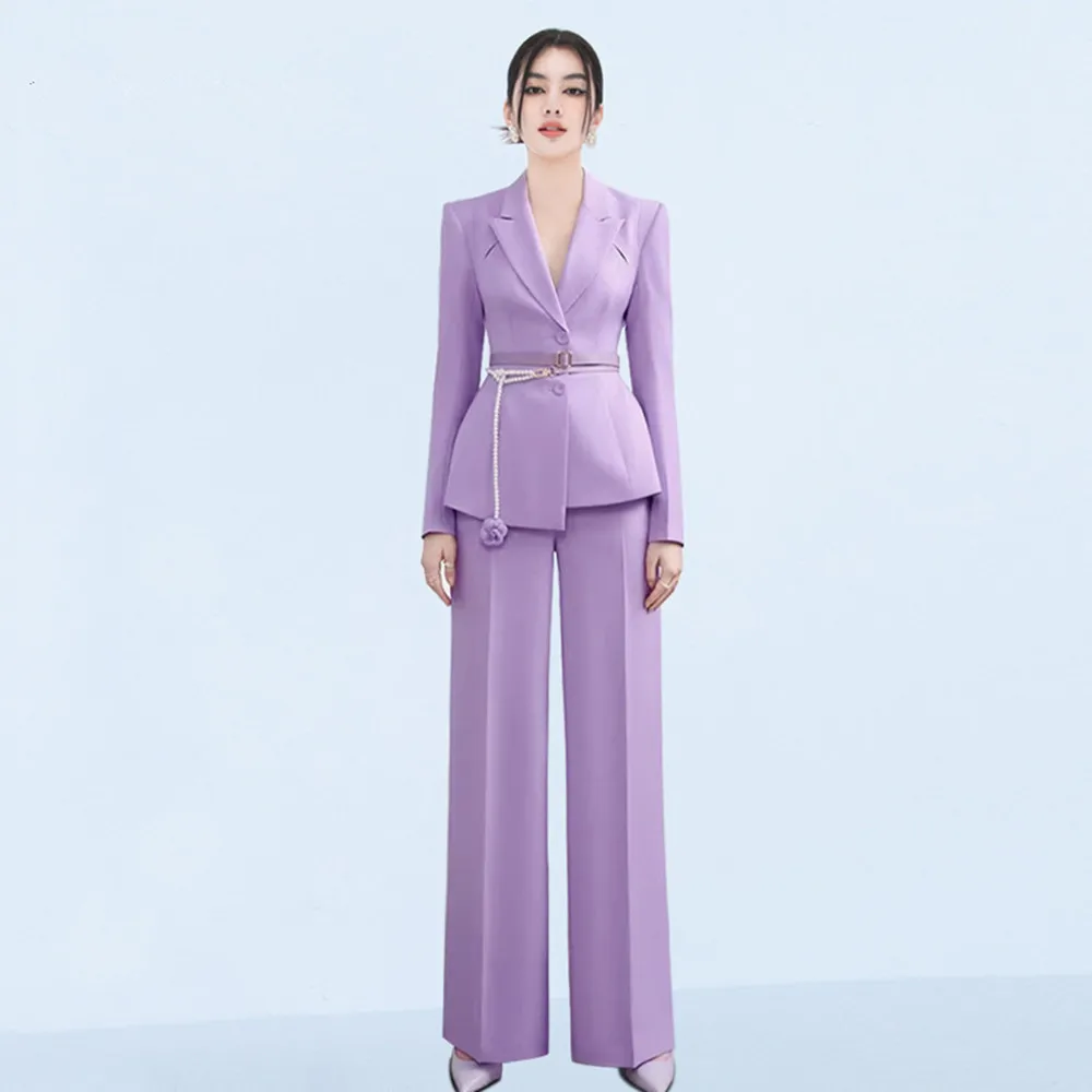 AI NI YA Fashion Business Commuting Professional Set Women's Pearl Flower Waist Chain Purple Suit Coat Wide Leg Pants Set